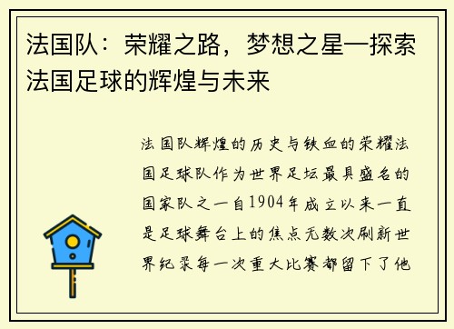 法国队：荣耀之路，梦想之星—探索法国足球的辉煌与未来