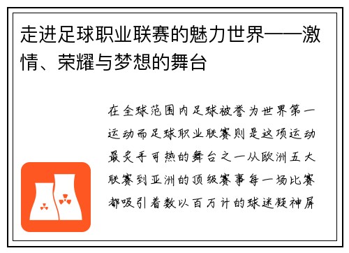 走进足球职业联赛的魅力世界——激情、荣耀与梦想的舞台